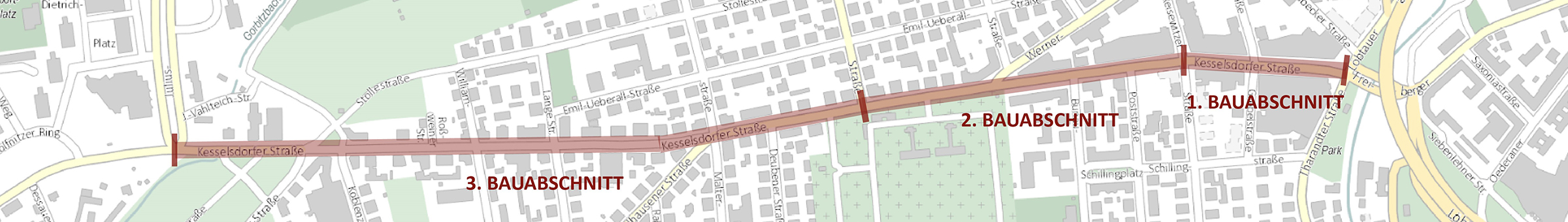 Zu sehen ist eine Karte der Kesselsdorfer Straße und Umgebung von der Tharandter bis zur Julius-Vahlteich-Straße inklusive der drei markierten Bauabschnitte.